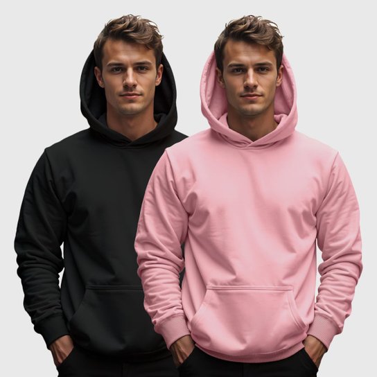 Kit 2 Moletom Canguru Masculino Liso com Capuz Benellys - Preto+Rosa Menor preço em Kit 2 Moletom Canguru Masculino Liso com Capuz Benellys - Preto+Rosa