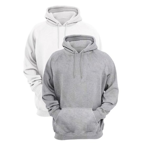 Kit 2 Moletom Liso Casaco Flanelado Blusa de Frio Canguru - Branco+Cinza Menor preço em Kit 2 Moletom Liso Casaco Flanelado Blusa de Frio Canguru - Branco+Cinza