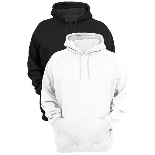Kit 2 Moletom Liso Flanelado Blusa de Frio Algodão Canguru - Preto+Branco Menor preço em Kit 2 Moletom Liso Flanelado Blusa de Frio Algodão Canguru - Preto+Branco