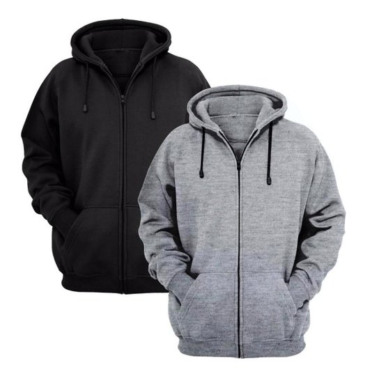 Kit 2 Moletons de Zíper Algodão com Capuz Inverno - Preto Menor preço em Kit 2 Moletons de Zíper Algodão com Capuz Inverno - Preto