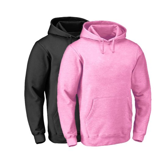 Kit 2 Moletons Liso com Capuz Bolso Canguru Conforto Frio - Preto+Rosa