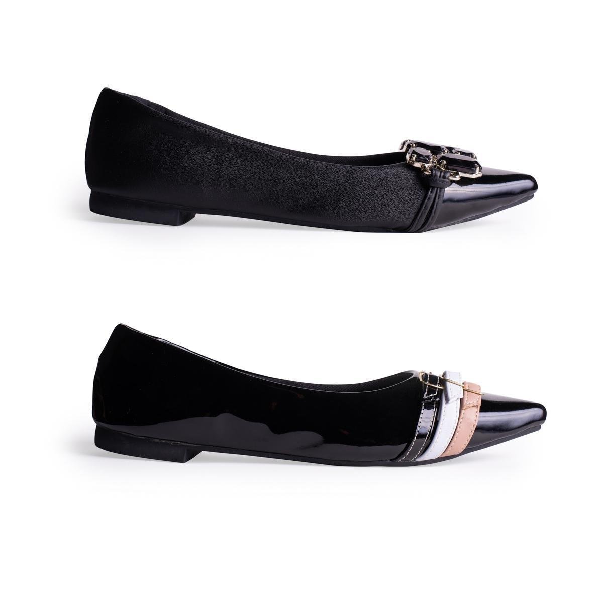 Kit 2 Par Sapatilha Bico Fino Alongado Confortável Pedraria Menor preço em Kit 2 Par Sapatilha Bico Fino Alongado Confortável Pedraria