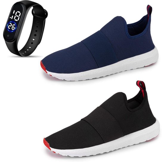 Kit 2 Pares De Tênis De Corrida Unissex + Relógio Led - Preto+Azul Menor preço em Kit 2 Pares De Tênis De Corrida Unissex + Relógio Led - Preto+Azul