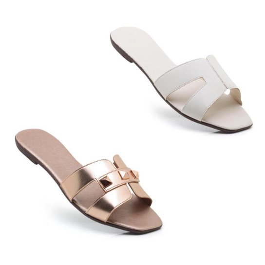 Kit 2 Pares Sandálias Rasteira Feminina Costura Spike Casual - Dourado Menor preço em Kit 2 Pares Sandálias Rasteira Feminina Costura Spike Casual - Dourado