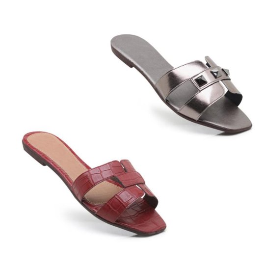 Kit 2 Pares Sandálias Rasteira Feminina Croco Spike Casual - Prata Menor preço em Kit 2 Pares Sandálias Rasteira Feminina Croco Spike Casual - Prata