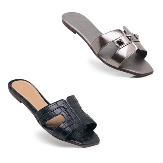 Kit 2 Pares Sandálias Rasteira Feminina Croco Spikes Casual - Prata Menor preço em Kit 2 Pares Sandálias Rasteira Feminina Croco Spikes Casual - Prata