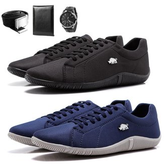 Kit 2 Pares Sapatênis Casual Masculino Hugo Olly e Preto Com Relógio Carteira e Cinto