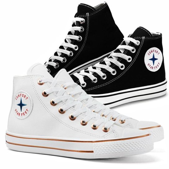 Kit 2 Pares Tênis All SF Star Feet Casual Cano Alto Confortável Lançamento - Branco+Preto Menor preço em Kit 2 Pares Tênis All SF Star Feet Casual Cano Alto Confortável Lançamento - Branco+Preto