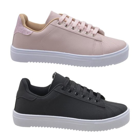 Kit 2 Pares Tênis Casual Feminino Sbelta Cano Curto Macio - Rosa+Preto Menor preço em Kit 2 Pares Tênis Casual Feminino Sbelta Cano Curto Macio - Rosa+Preto