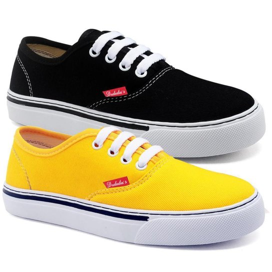 Kit 2 Pares Tenis Feminino Cano Baixo Skateboard Old School Confort - Preto+Amarelo Menor preço em Kit 2 Pares Tenis Feminino Cano Baixo Skateboard Old School Confort - Preto+Amarelo