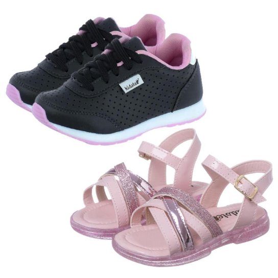 Kit 2 Pares Tênis Infantil Feminino Jogging e Sandália Kidstep - Preto Menor preço em Kit 2 Pares Tênis Infantil Feminino Jogging e Sandália Kidstep - Preto