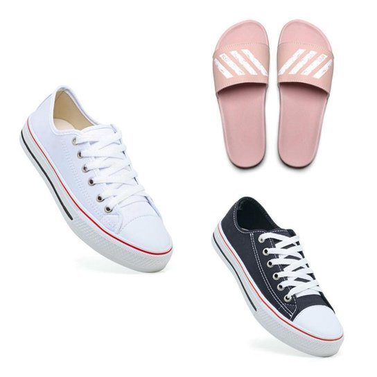 Kit 2 Pares Tênis Macio Esporte + Chinelo Slide - Preto+Branco Menor preço em Kit 2 Pares Tênis Macio Esporte + Chinelo Slide - Preto+Branco