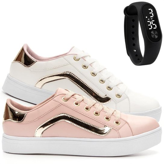 Kit 2 Pares Tênis Sapatênis Feminino Rosa e Conforto - Branco Menor preço em Kit 2 Pares Tênis Sapatênis Feminino Rosa e Conforto - Branco