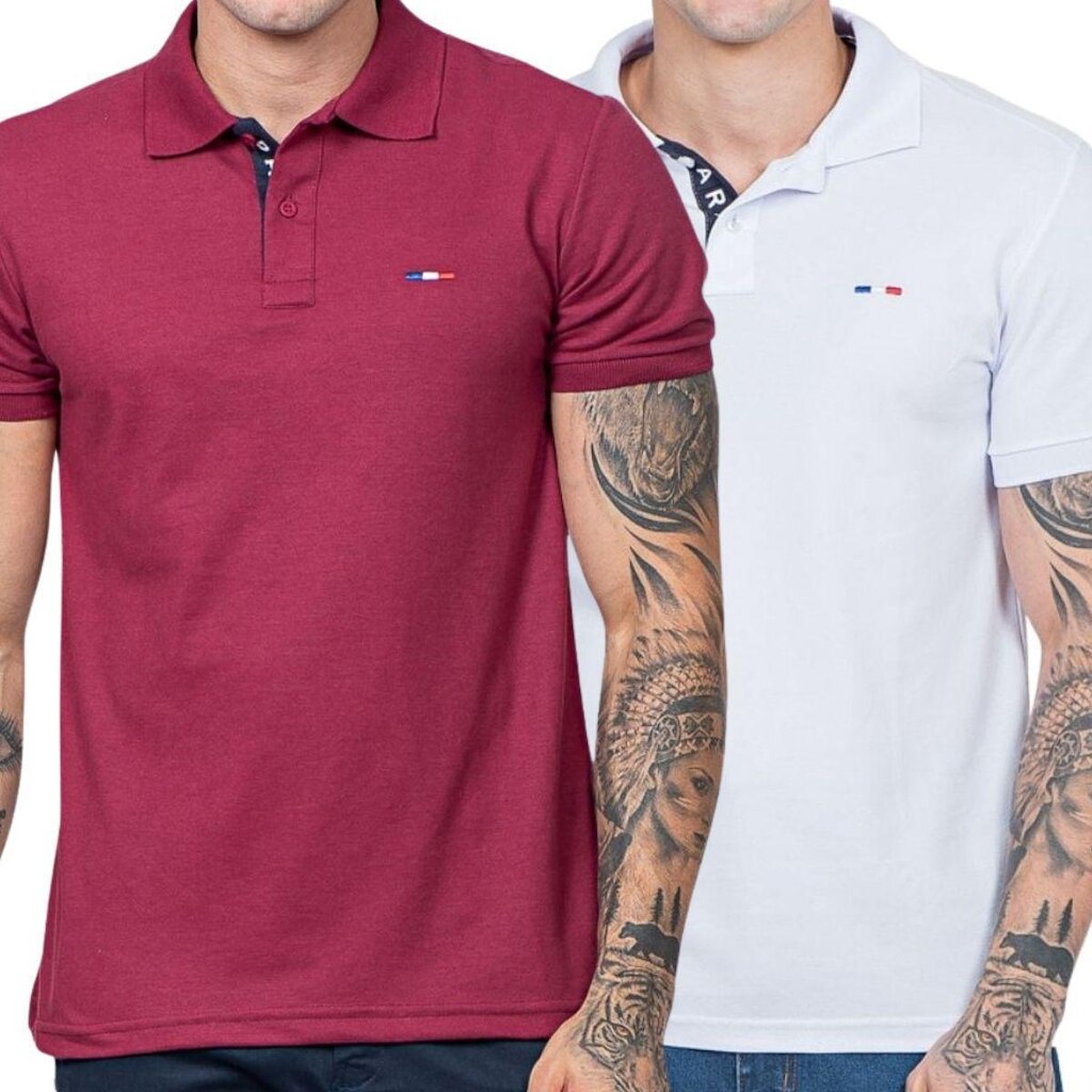 Kit 2 Polos  Básicas FMF Bordô Piquet no Estilo Tommy Bordado França
