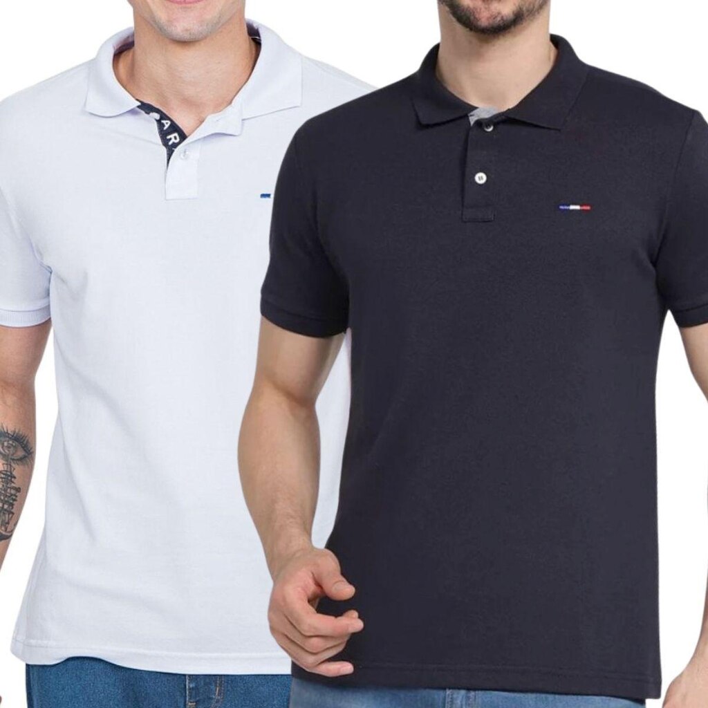 Kit 2 Polos Masculina Básicas FMF Branco e Preto Bordado França