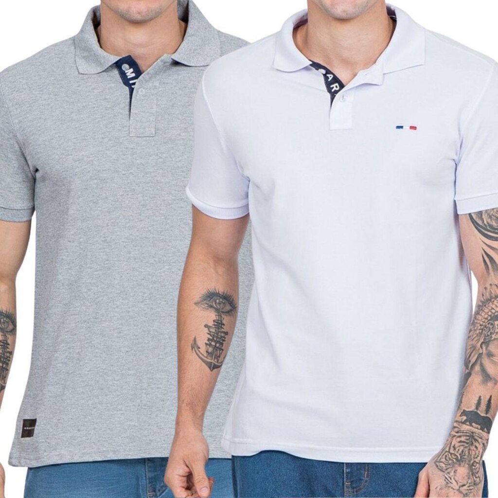 Kit 2 Polos Masculina Básicas FMF Cinza e Branco Bordado França