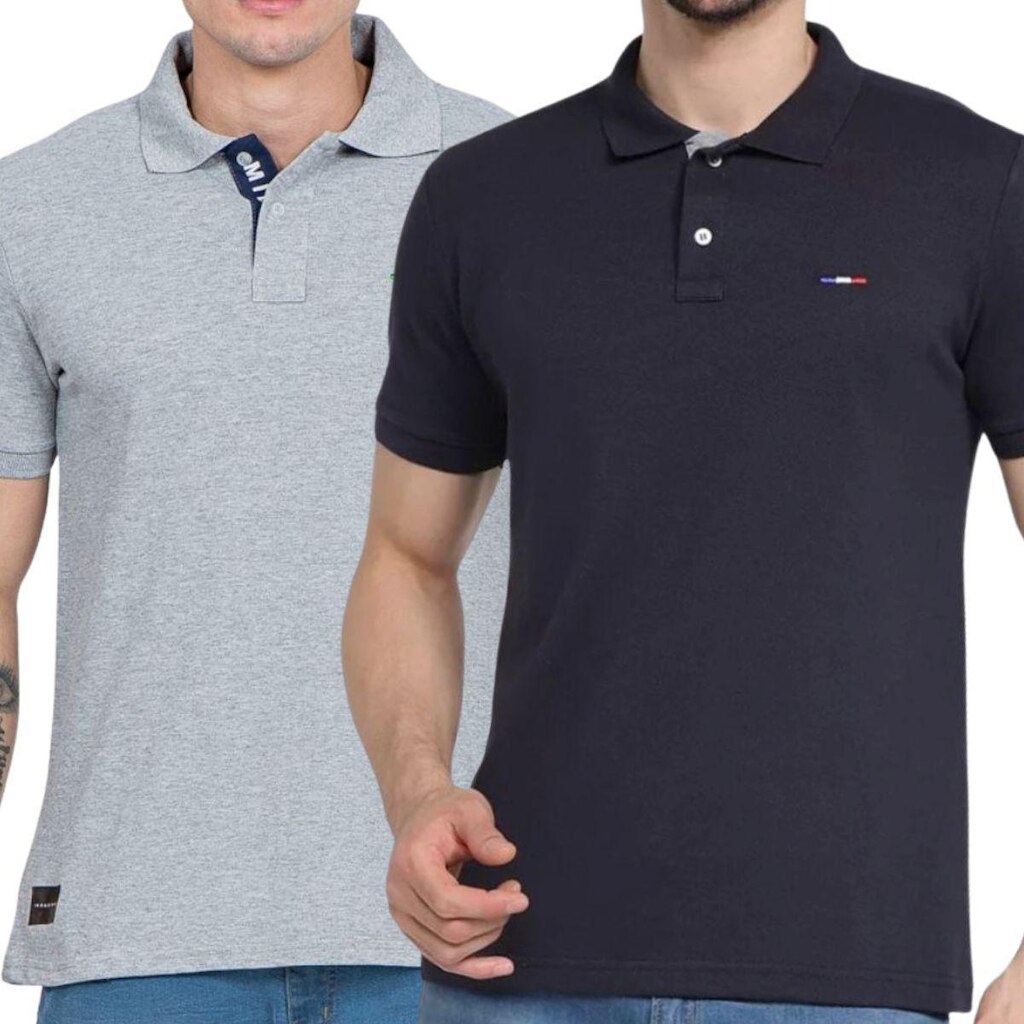 Kit 2 Polos Masculina Básicas FMF Cinza e Preto Bordado França