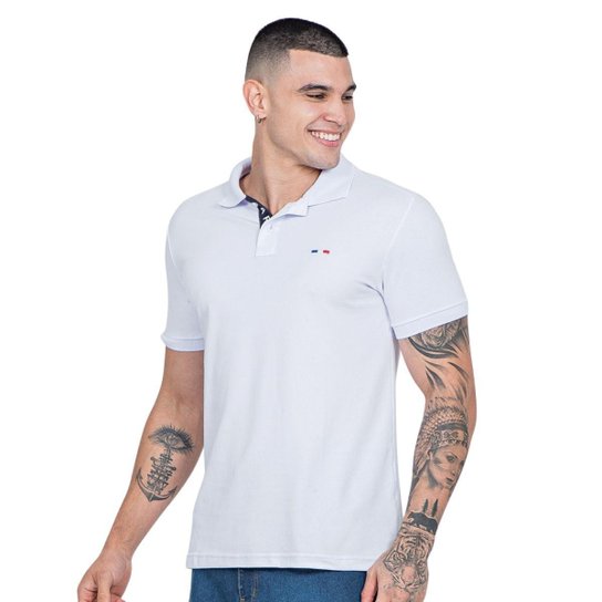 Kit 2 Polos Masculina Básicas FMF Marinho e Branco Bordado França
