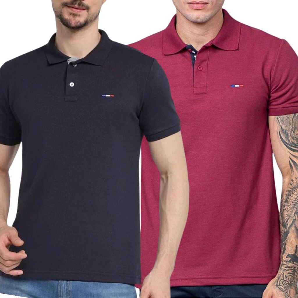 Kit 2 Polos Masculina Básicas FMF Preto e Bordô Bordado França
