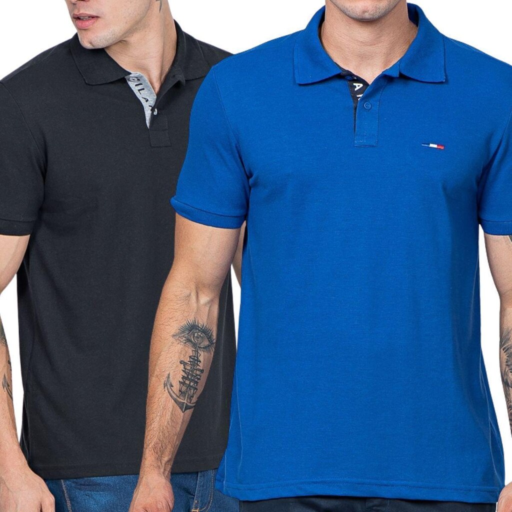 Kit 2 Polos Masculina Básicas FMF Preto e Royal Bordado França