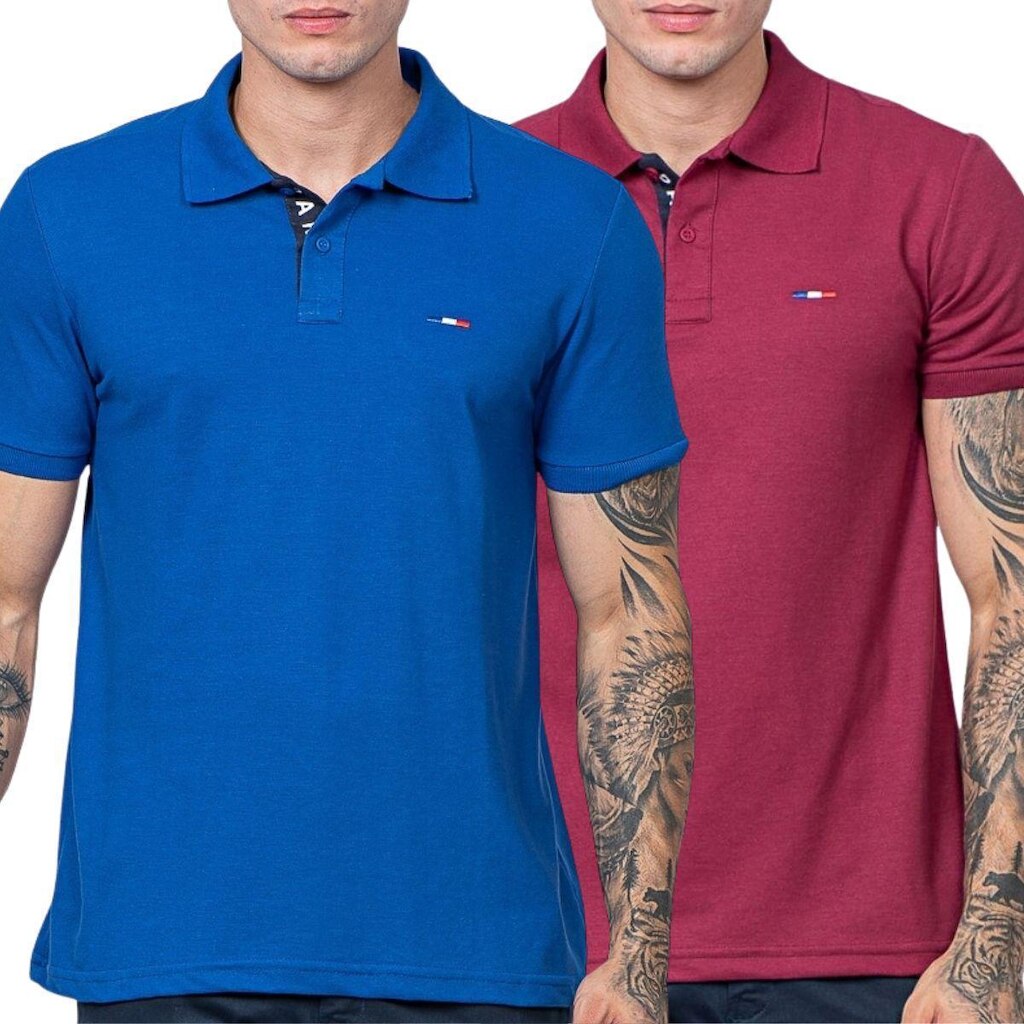Kit 2 Polos Masculina Básicas FMF Royal e Bordô Piquet no Estilo Tommy Bordado França