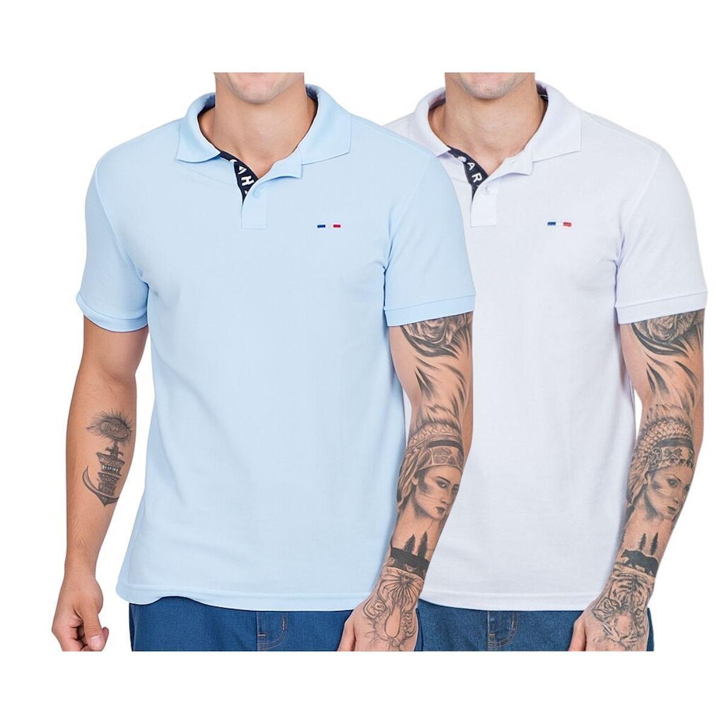 Kit 2 Polos Masculina Básicas Industrie Azul Bebe e Branco Piquet no Estilo Tommy Bordado França