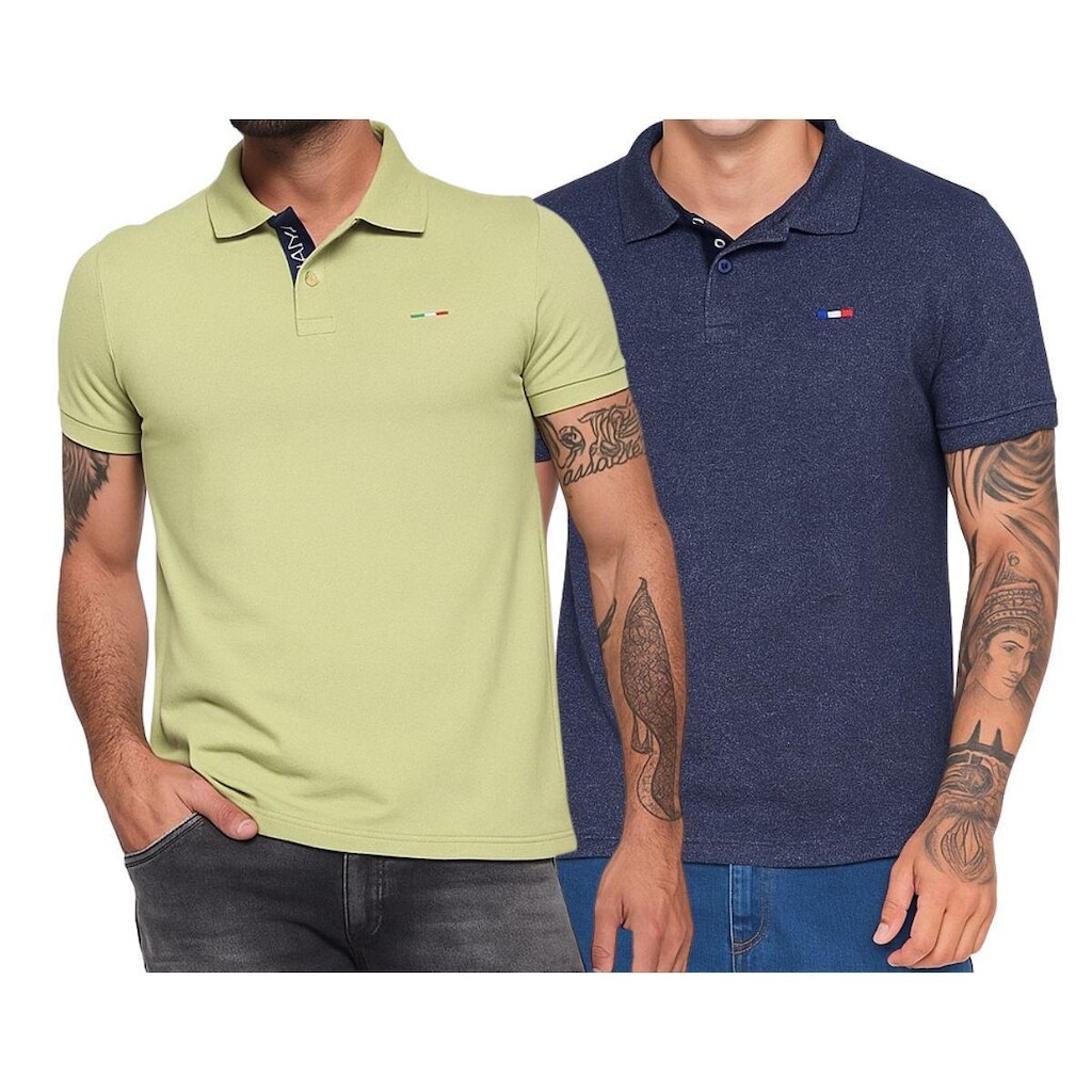 Kit 2 Polos Masculina Básicas Industrie Verde Claro e Azul Jeans Piquet no Estilo Clássico