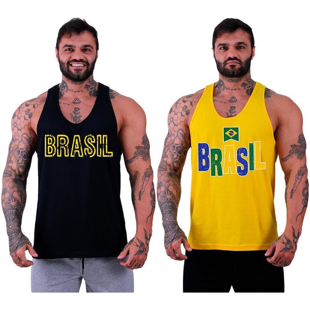 Kit 2 Regata Cavada Estampa Lateral Masculina MXD Brasil Bandeira Pátria