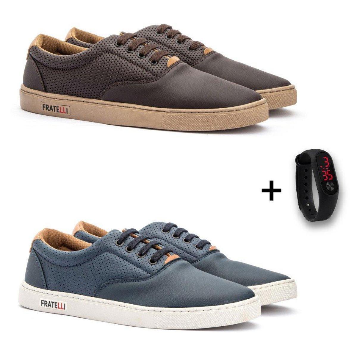 Kit 2 Sapatênis Masculino Casual Macio + Relógio Dia a Dia - Marrom+Azul |  Netshoes