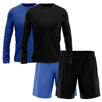 Kit 2 Short Preto + 2 Camisetas Masculina Manga Longa Segunda Pele Esporte Treino