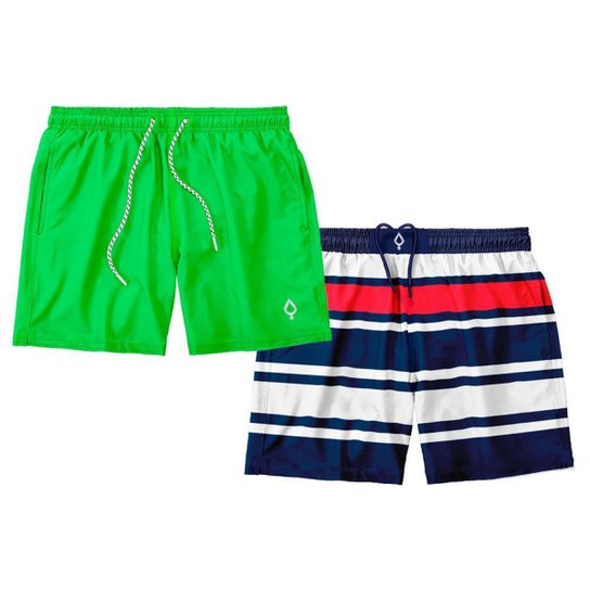 Kit 2 Shorts Resina Bermuda Praia Tactel Liso e Estampado Listrado Masculino Mauricinho - Verde+Azul Menor preço em Kit 2 Shorts Resina Bermuda Praia Tactel Liso e Estampado Listrado Masculino Mauricinho - Verde+Azul