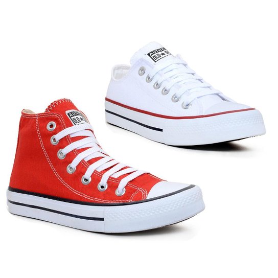 Kit 2 Tenis Bota + Tenis Tradicional - Vermelho+Branco Menor preço em Kit 2 Tenis Bota + Tenis Tradicional - Vermelho+Branco
