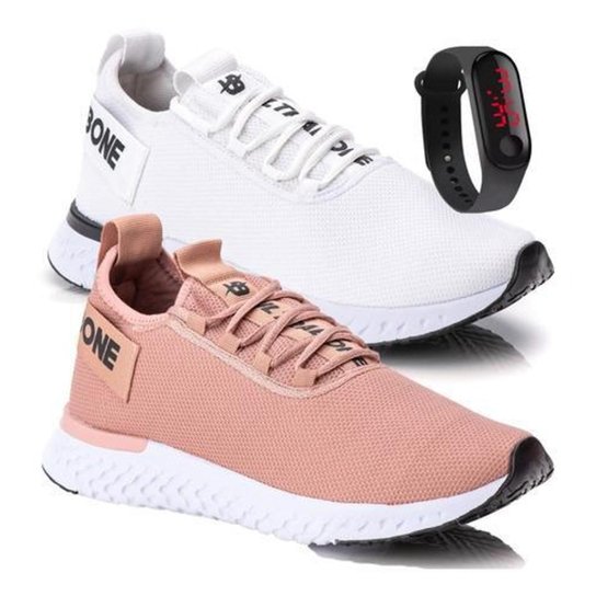 Kit 2 Tênis Feminino Caminhada Ultrabone Leve + Relógio - Branco+Rosa Menor preço em Kit 2 Tênis Feminino Caminhada Ultrabone Leve + Relógio - Branco+Rosa