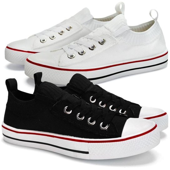 Kit 2 Tênis Feminino Casual Cano Baixo Meia SB Star Feet - Branco+Preto Menor preço em Kit 2 Tênis Feminino Casual Cano Baixo Meia SB Star Feet - Branco+Preto