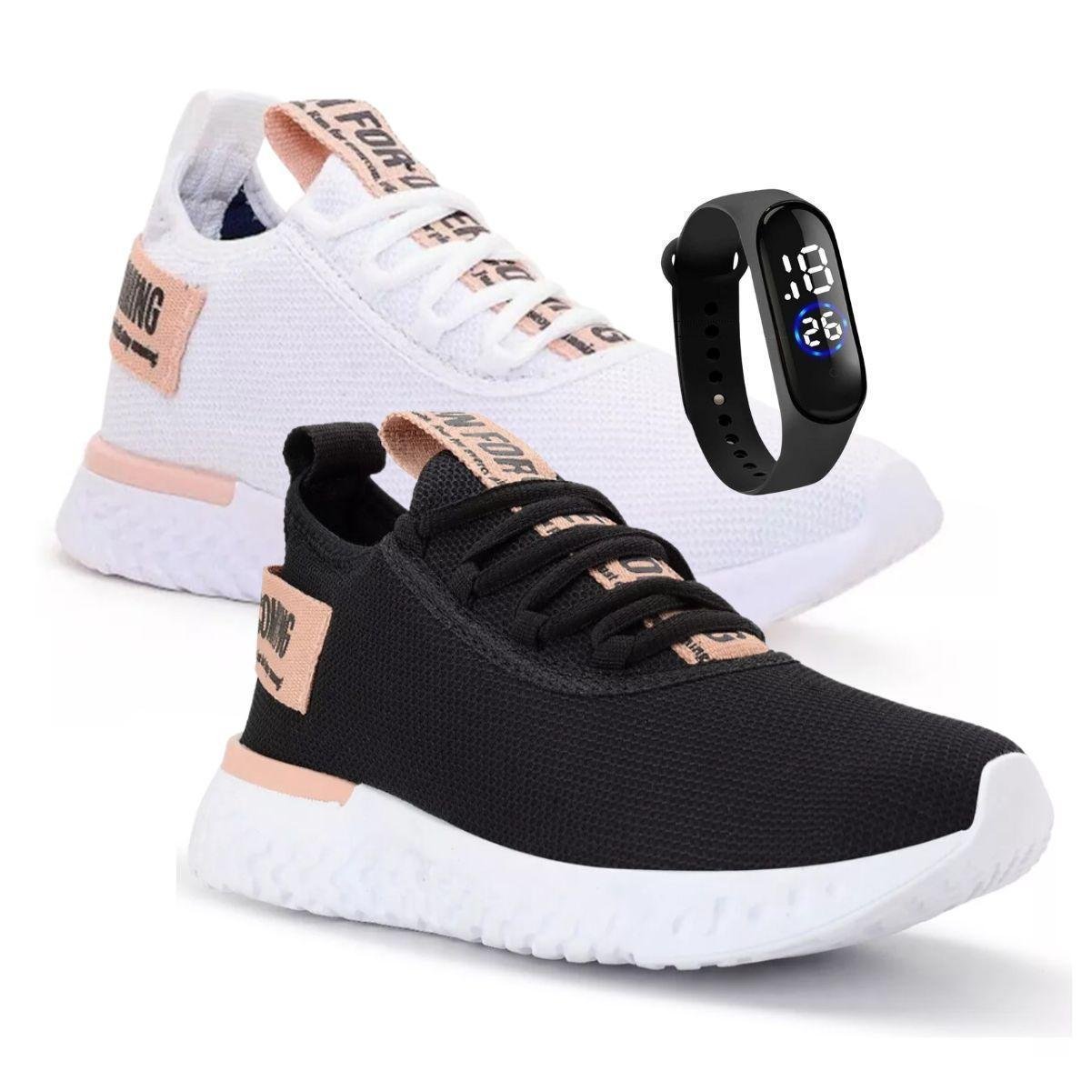 Kit 2 Tênis Feminino De Caminhada Leve Macio Para Academia + Relógio Menor preço em Kit 2 Tênis Feminino De Caminhada Leve Macio Para Academia + Relógio