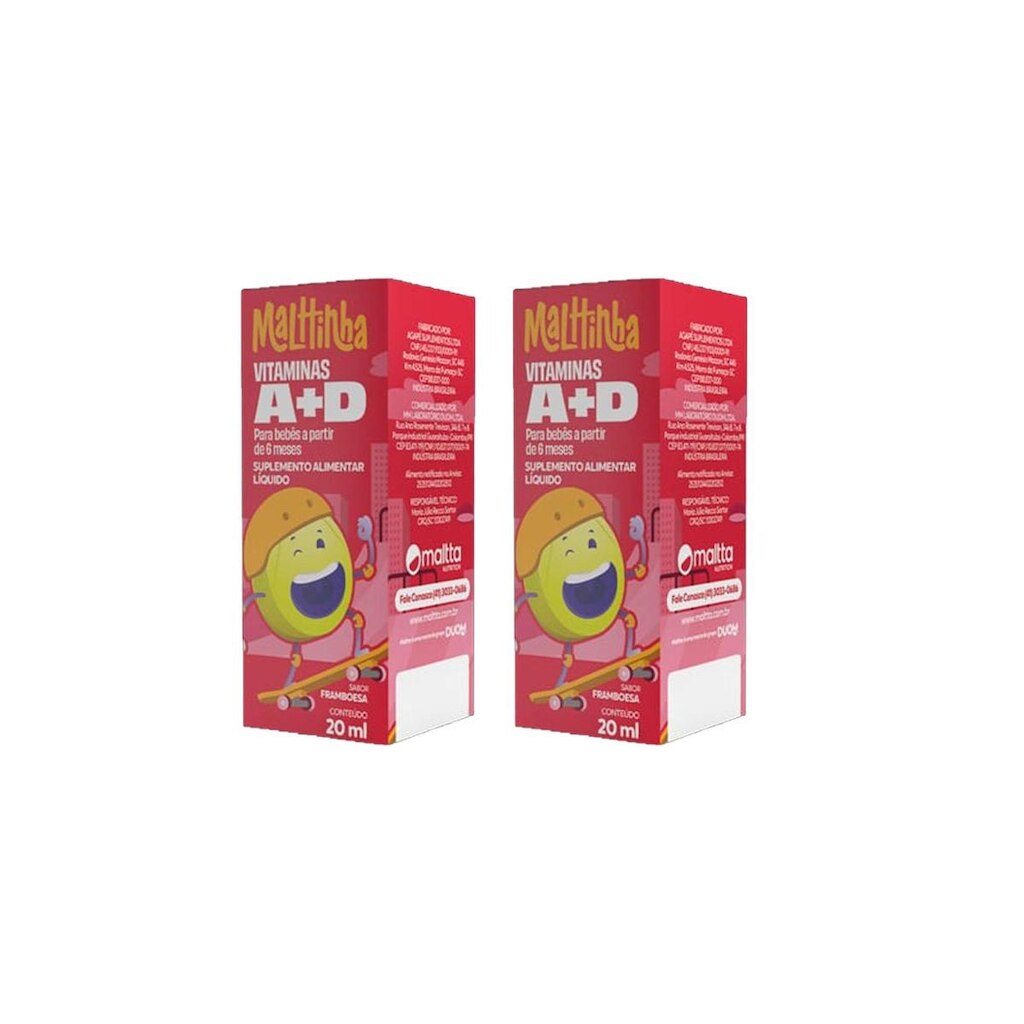 Kit 2 Vitaminas A+D gotas 2x20ml Sabor Framboesa Malttinha Maltta