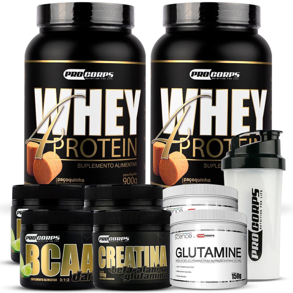 Kit 2 Whey 4 900g+ 2bcaa+ 2creatina+ 2glutamina+1shaker