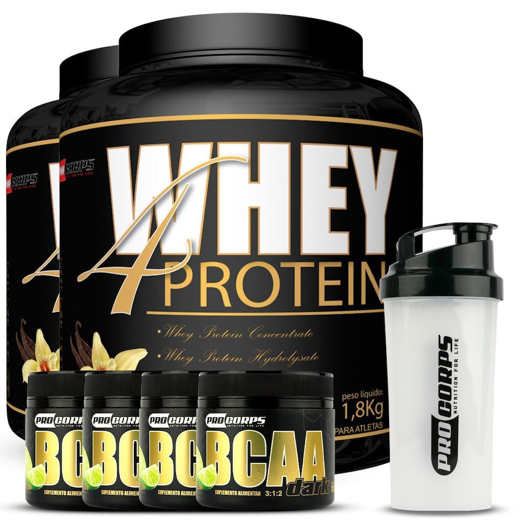 Kit 2 Whey 4 Protein 1,8kg + 4 Bcaa  + 1 Coqueteleira