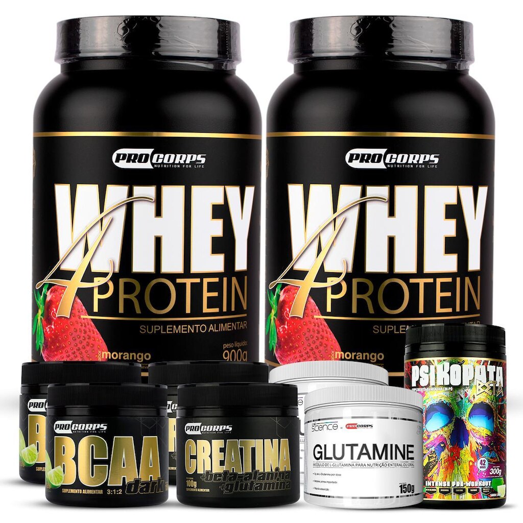 Kit 2 Whey 4 Protein+2 Bcaa+2 Creatina+2 Glutamina+1prétrein
