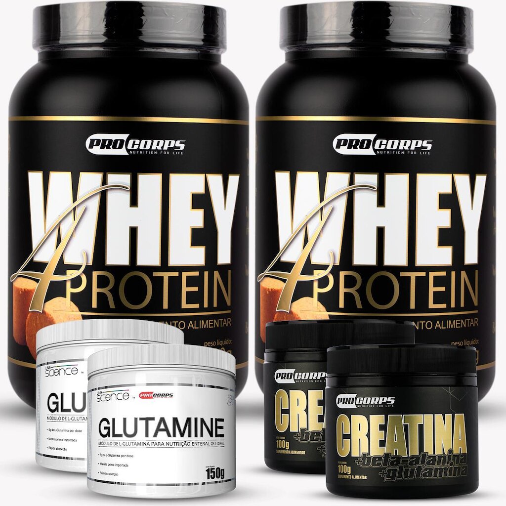 Kit 2 Whey Beta 4 Protein + 2 Creatina+ 2 Glutamina -