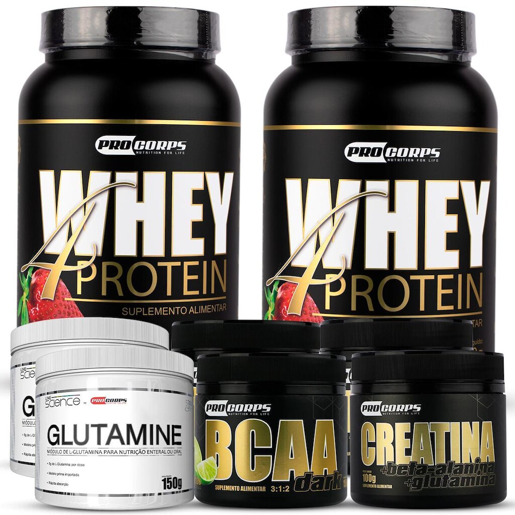 Kit 2 Whey Beta 4 Protein 900g+ 2bcaa+ 2creatina+ 2glutamina