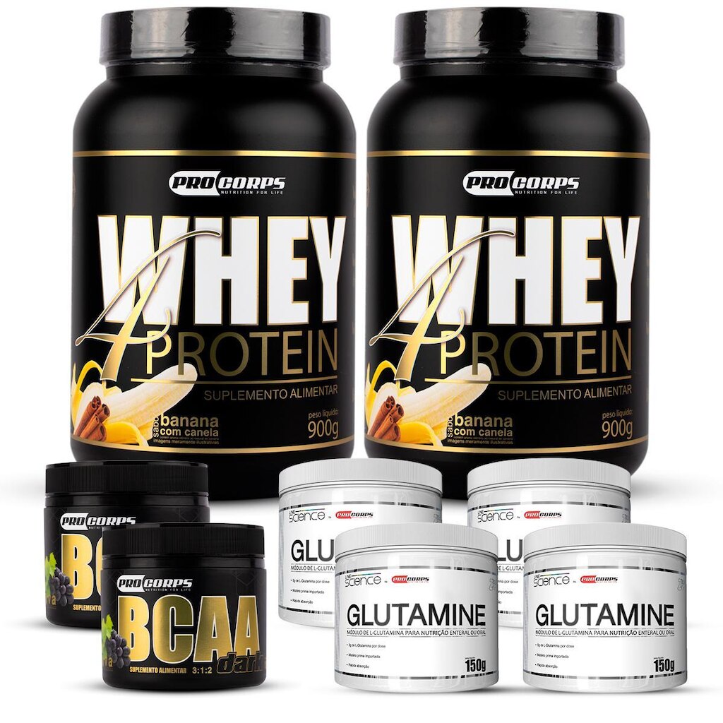 Kit 2 Whey Beta 4 Protein 900g+ 2bcaa+ 4 Glutamina
