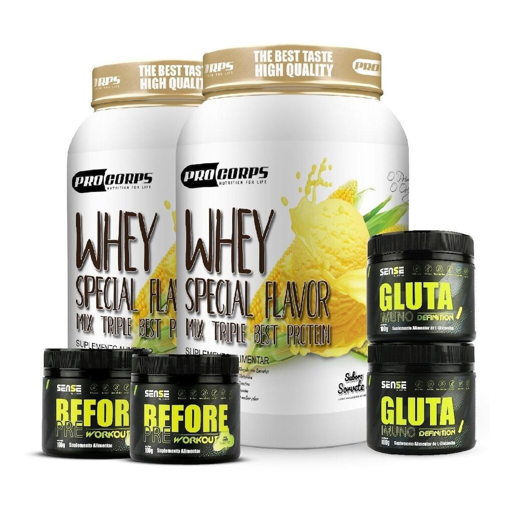 Kit 2 Whey Protein 840g + 2 Pré Treino + 2 Glutamina