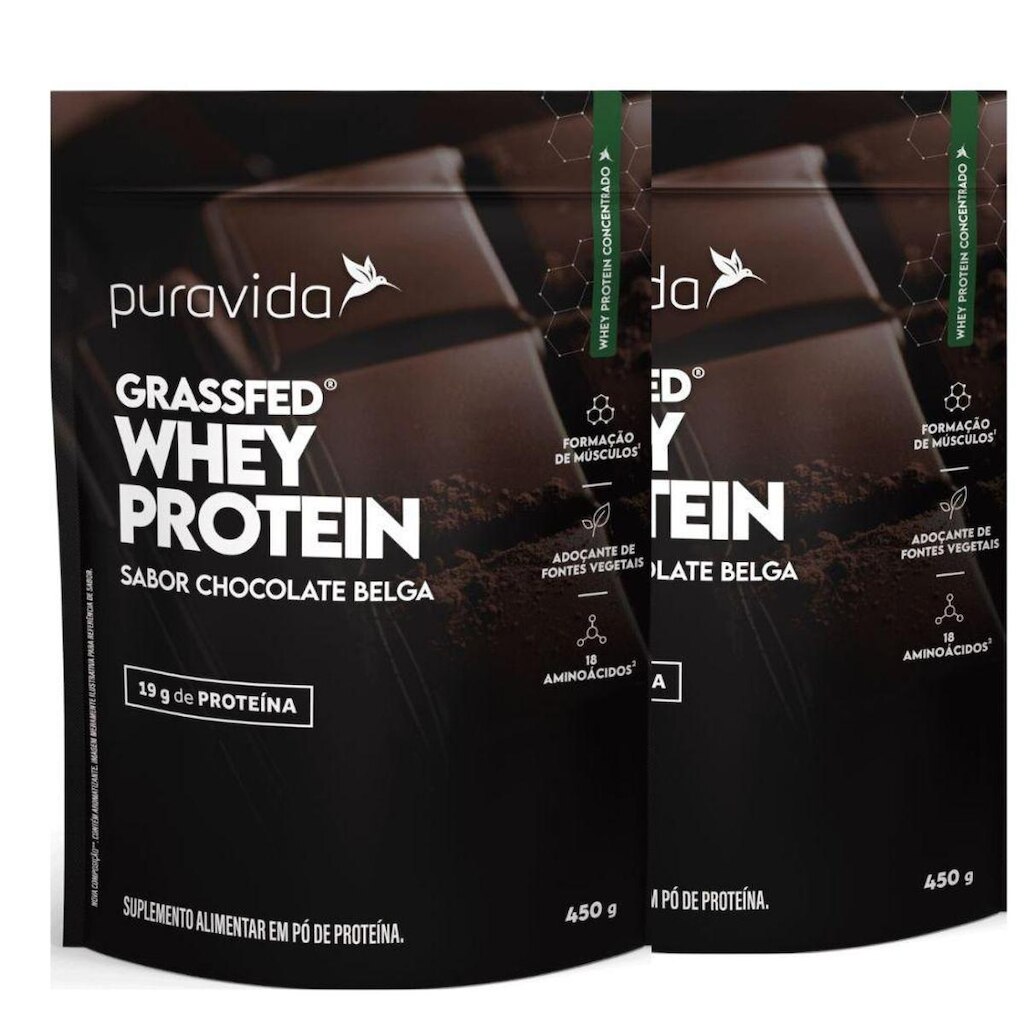 Kit 2 Whey Protein Concentrado Chocolate Belga 450g PuraVida