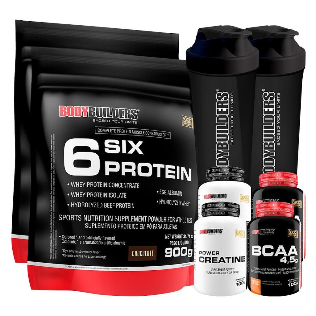 Kit 2 x Whey Protein - 6 Six Protein - Refil 900gr + 2x BCAA 100g + 2x Creatina 100g + Coque