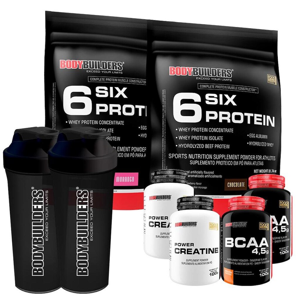 Kit 2 x Whey Protein - 6 Six Protein Refil 900gr+2x BCAA 100g+2xCreatina 100g+Coque