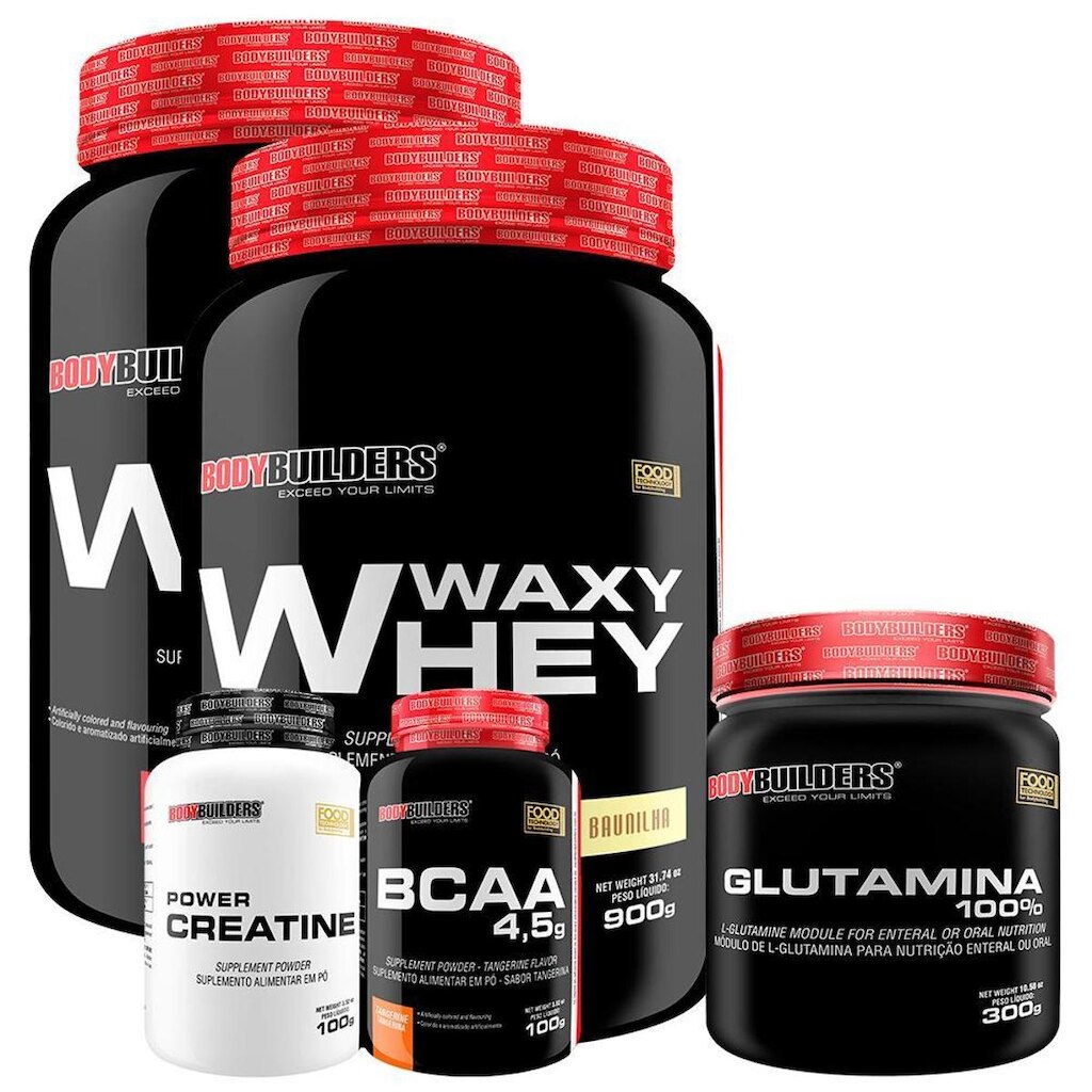 Kit 2 x Whey Protein Waxy Whey 900g + BCAA 4,5 100g + Creatina 100g + Glutamina - 300g - BB