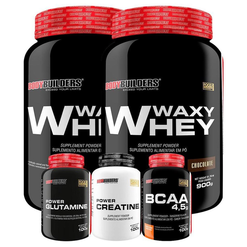 Kit 2 x Whey Protein Waxy Whey 900g + BCAA 4,5 100g + Creatina 100g + POWER Glutamina 100g - BB