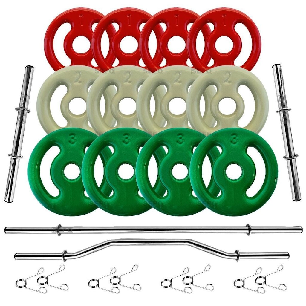 Kit 24Kg Anilhas Emborrachadas com Barras de 40cm e 1,20m + Barra W 1,20m