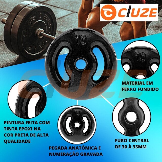 Kit 24Kg Anilhas Emborrachadas com Barras de 40cm e 1,60m